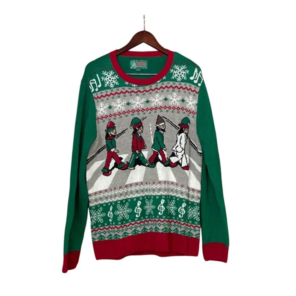 Ugly Christmas Sweater Beatles Abbey Road Sz L Green Red Lights Working Holiday